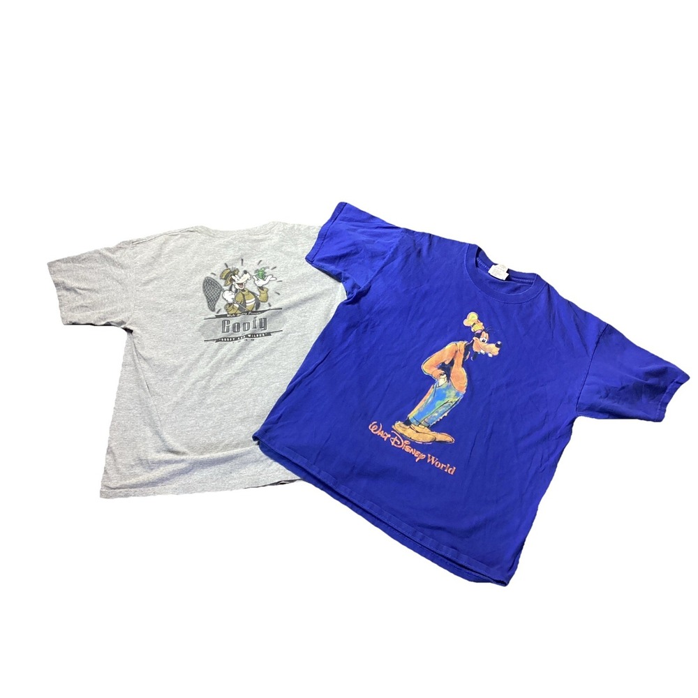 (2) Vintage Disney Goofy Graphic Crew Neck T-shirts Sz L Blue And Gray